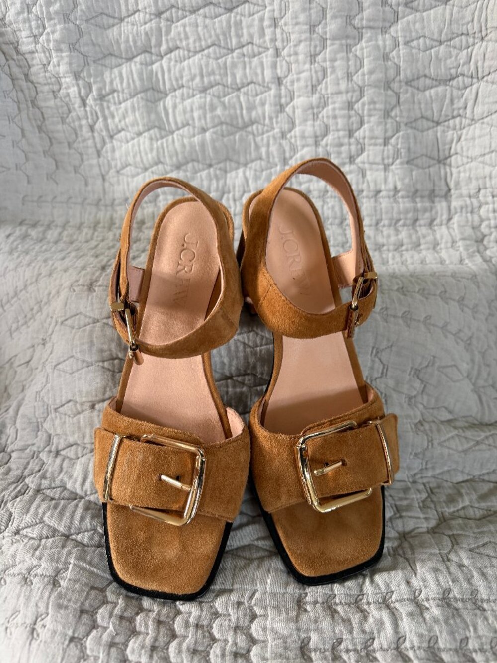 JCrew Camel Suede Sandal with Gold Buckles and square heels, Size 7.5.